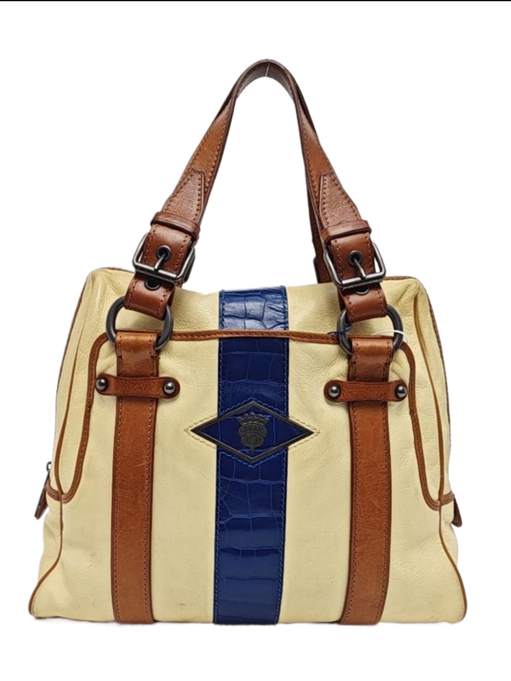Celine Vintage Rare Limited Edition Cream, Brown & Blue Leather Tote